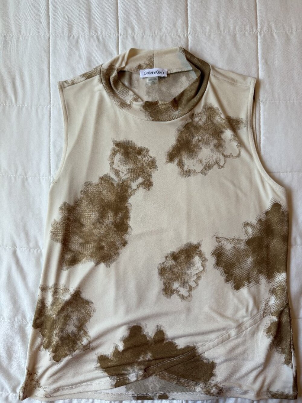 Calvin Klein Mock Neck Sleeveless Tank Cream Brown Floral Print Large